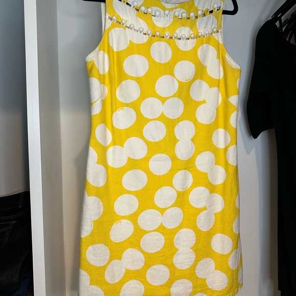 Lilly Pulitzer Linen Shift Dress Yellow Polka Dot Mod Buttons Sleeveless Sz 8 - Picture 7 of 7